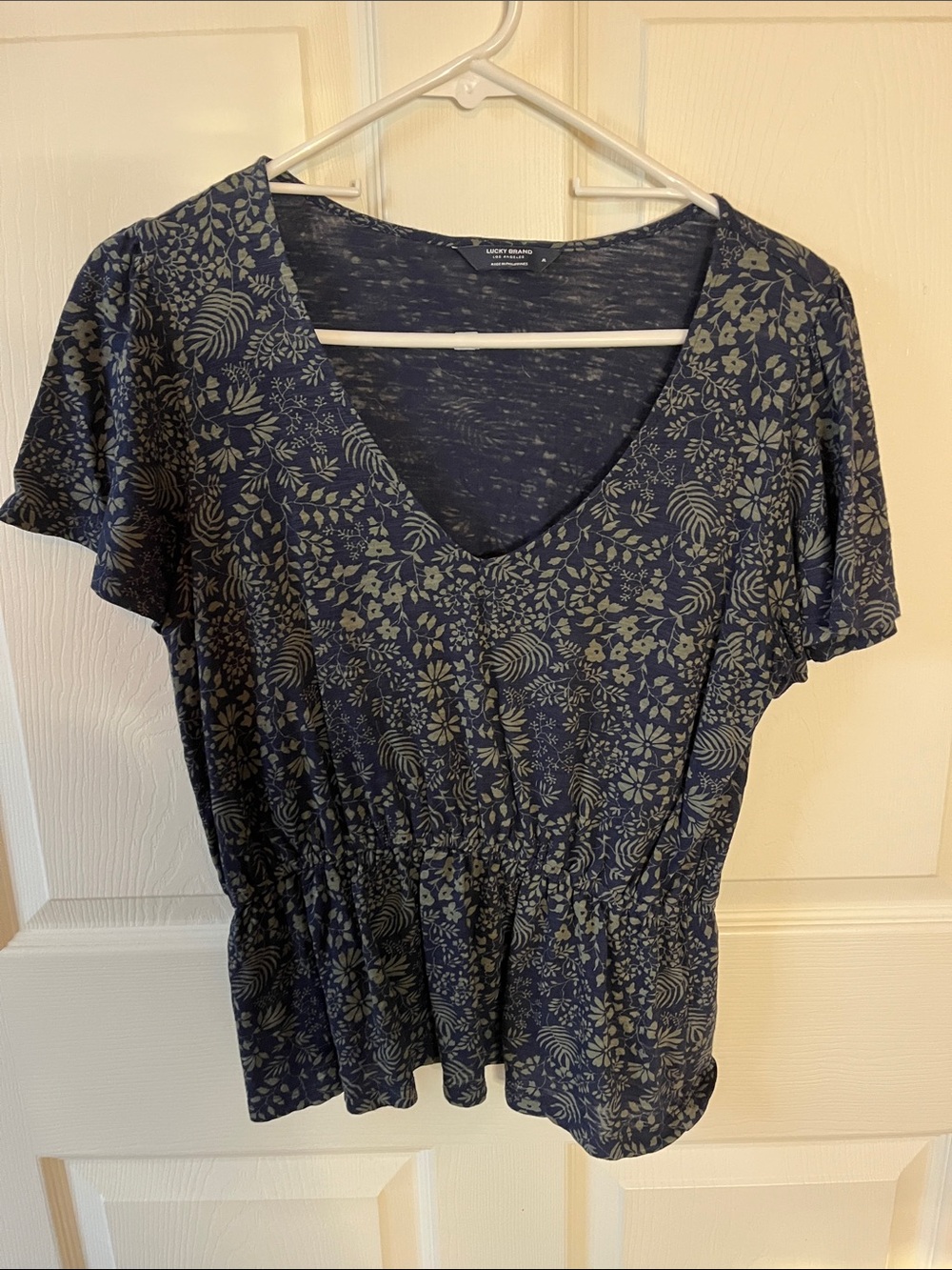 Lucky Brand Navy Floral V-Neck Peplum Blouse
